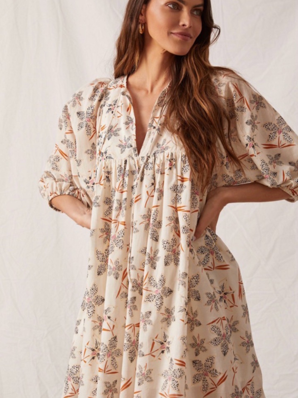 Caballero Anthropologie Breezy Tunic Dress Floral Mini Cream & Black Medium